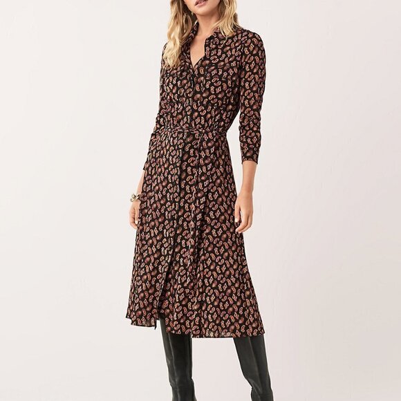 DVF Diane von Furstenberg Andi Tie Paisley black shirtdress midi new XXS 0 00 - Picture 1 of 5